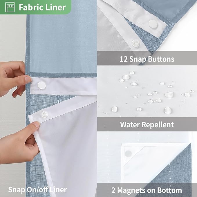 No Hook Extra Long Shower Curtain Set with Snap-in Liner,Linen Textured Thick Striped Fabric with Tassels,Boho Chic Modern Farmhouse Bathroom Curtain,Water-Repellent,Blue,71x86