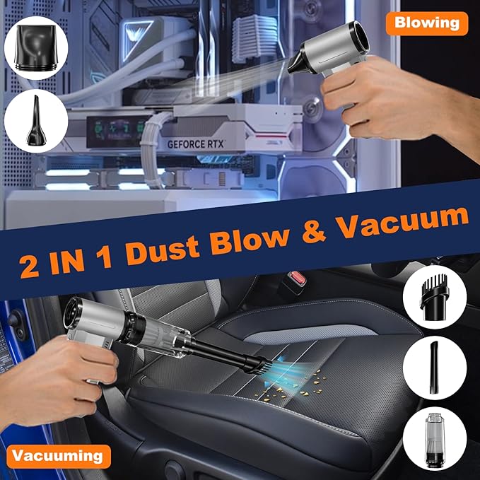 2-in-1 Compressed Air Duster-150000RPM Super Power Electric Air Duster with 8000mAh Battery, Continuously Adjustable Speed Rechargeable Air Duster for PC Keyboard, Car, Home, and Outdoor