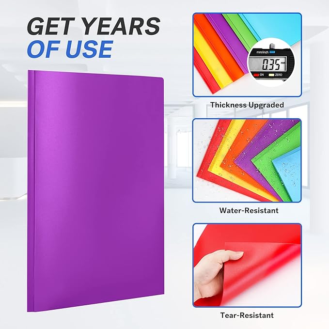 Sooez 6 Pack Pocket Folder with Prongs, Plastic Folders with Extra Pockets, Heavy Duty Two Pocket File Folders 3 Prong Folders Back to School Supplies, Letter Size A4,Bright