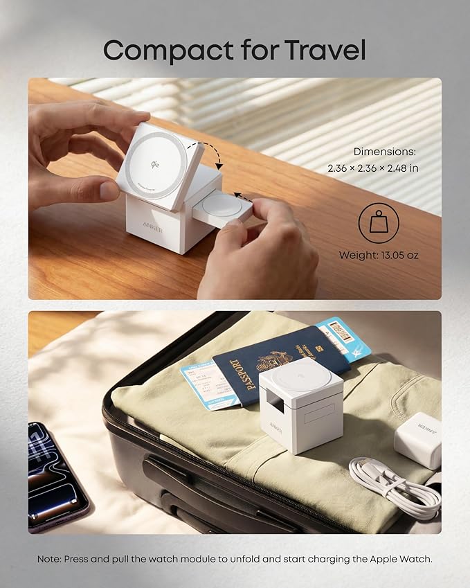 Anker 3-in-1 Cube with Qi2, MagSafe-Compatible Charger, iPhone 17 Wireless Charger, 15W Foldable Fast Charging Stand, for iPhone 17/16 / 15/14, Apple Watch, AirPods (40W USB-C Charger Included)