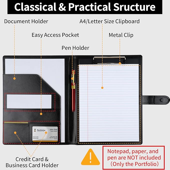 Professional Padfolio with Clipboard, Faux Leather Portfolio Folder Binder, Legal Pad Holder for A4 Letter Size Notepad, Resume, Writing Pad, Ideal Organizer for Business Office Conference, Black