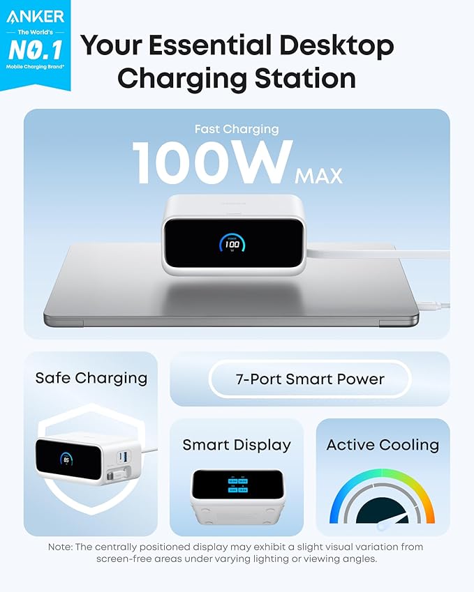 Anker Nano Charging Station, 100W 7-in-1 Power Strip, 2.3ft InstaCord Retractable Cable, Gaming Desk Accessories for Multiple Devices, 3 AC, 3 USB C, 1 USB A, MacBook Charger, Home Office(Non-Battery)