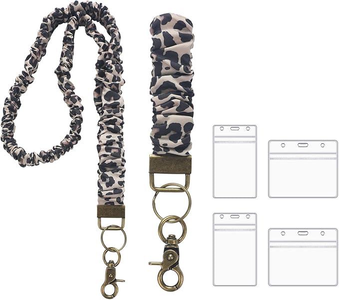 Marspark 2 Set Scrunchie Lanyards with 4 Card Holders for ID Badges and Keys Cute Stretchy Scrunchie Neck and Wrist Lanyards for Teacher Women Nurses School Office Supplies (Dark Brown,Leopard Print)