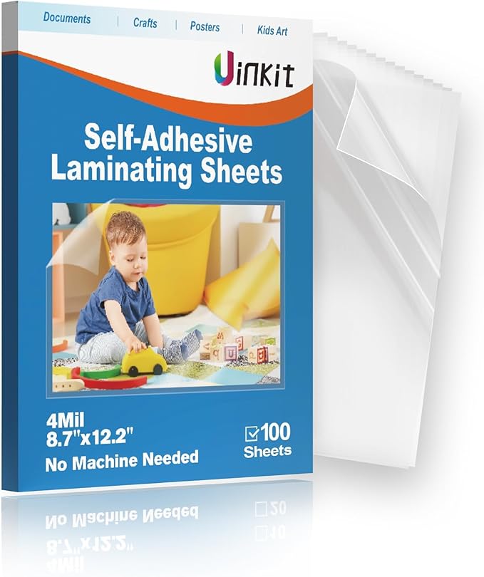 Uinkit 4mil Thick Self Laminating Sheets 8.5 x 11", 100Pack (Bulk Supply) Single-Sided Peel & Stick for Businesses, Schools & Restaurants - No Heat Machine Needed
