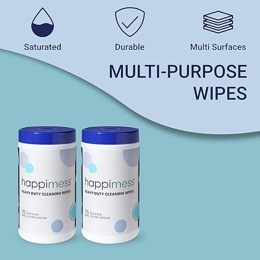 happimess WPE1001A-2SET Heavy Duty Cleaning Wipes, Multi-Purpose Multi-Surface Household Wipes, Extra Strong Cleaner for Kitchen, Bathroom, and Pet Messes, Unscented, 150 Count (2 Packs of 75)