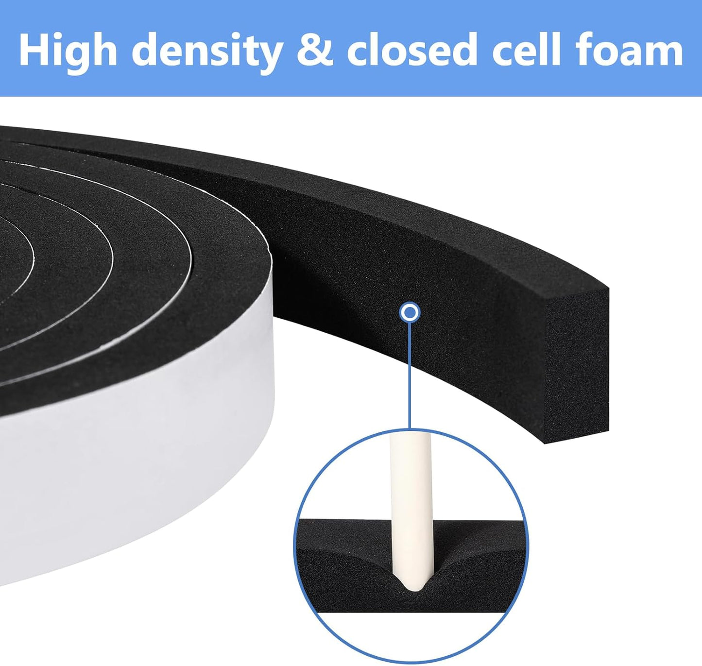 Weather Stripping Door Seal Strip (3/5 Inch X 1/2 Inch X 10Feet), Strong Adhesive, Lightproof, Soundproof, Weatherproof Foam Tape Insulation for Sliding Door, Front Door Frame, Windows- Black