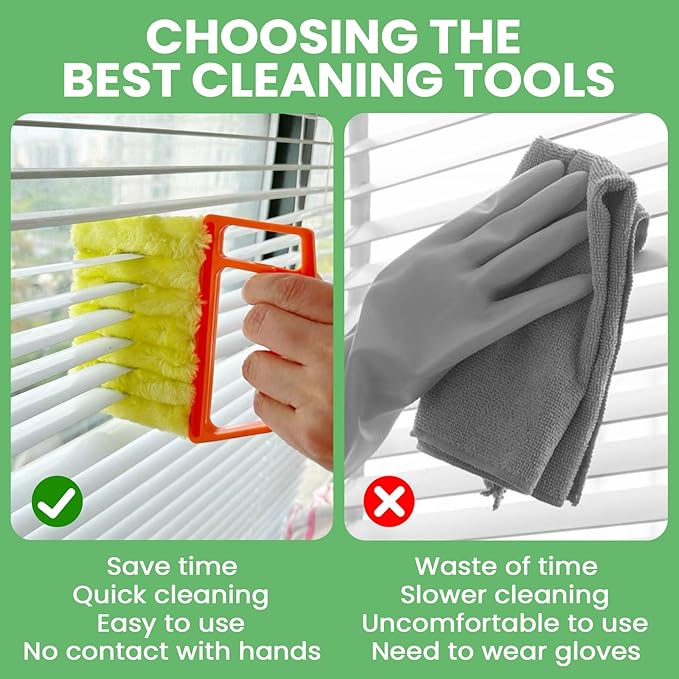 4Pcs Blind Cleaner Duster Tool Set with 7-Finger & 3-Finger Brushes，Washable Multi-Surface Dusting Kit for Wood Blinds, Venetian Blinds, AC Vents, Car Vents, Shutters & Fans (Yellow+Green)