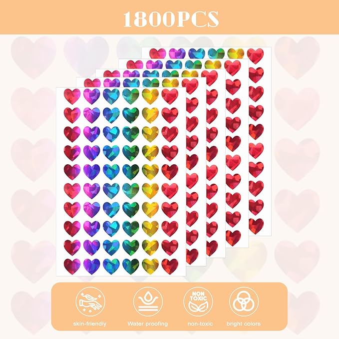 1800pcs Mini Heart Stickers (0.5 Inch), Colorful Holographic Rainbow Reward Stickers for Teachers, Behavior Chart, Planners, Scrapbooking & Envelope Seals (30 Sticker Sheets)