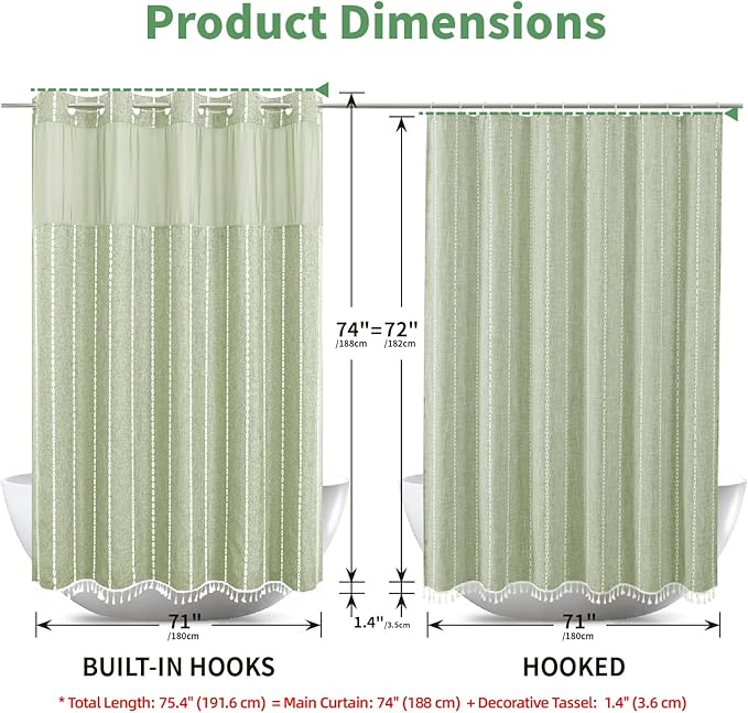Sage Green Farmhouse No Hook Shower Curtain Set with Snap-in Fabric Liner,Boho Heavy-Duty Linen Textured Rustic Striped Design,Water-Repellent with Tassels and Sheer Window,71x74