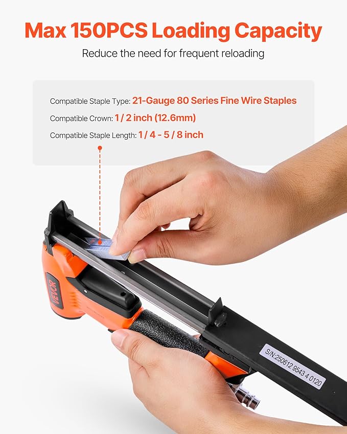 VEVOR Pneumatic Staple Gun, 21 Gauge Air Upholstery Stapler for 80 Series Fine Wire Staples 1/2" Crown 1/4"-5/8" Length, Max 150PCS Loading Air Staple Gun for Upholstering, Woodworking, DIY Projects