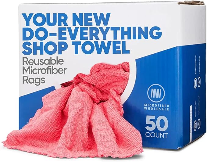 Microfiber Wholesale Microfiber Shop Towels | MWipes Reusable Red Shop Rags | 50 Rags in a Box | Super Absorbent, Machine Washable Hundreds of Times | Automotive, Paint, Industrial, Detailing