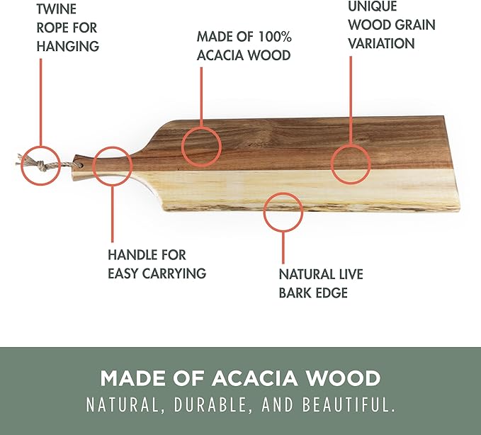 PICNIC TIME Artisan 30" Acacia Charcuterie Board with Raw Wood Edge, Wooden Cutting Board with Handle, All-Purpose Serving Platter, Decorative and Reversible Serving Plank (Acacia Wood)