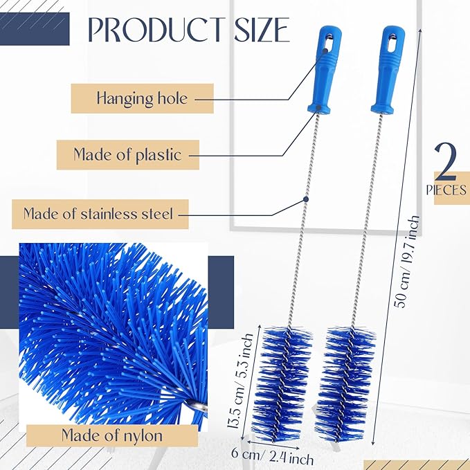 Baderke 2 Pieces Drain Brush Pipe Cleaning Blue Tube Brushes 19.7 Inch Plastic Shower Pipe Flexible Cleaning Tool (19.7 x 2.4 Inch)