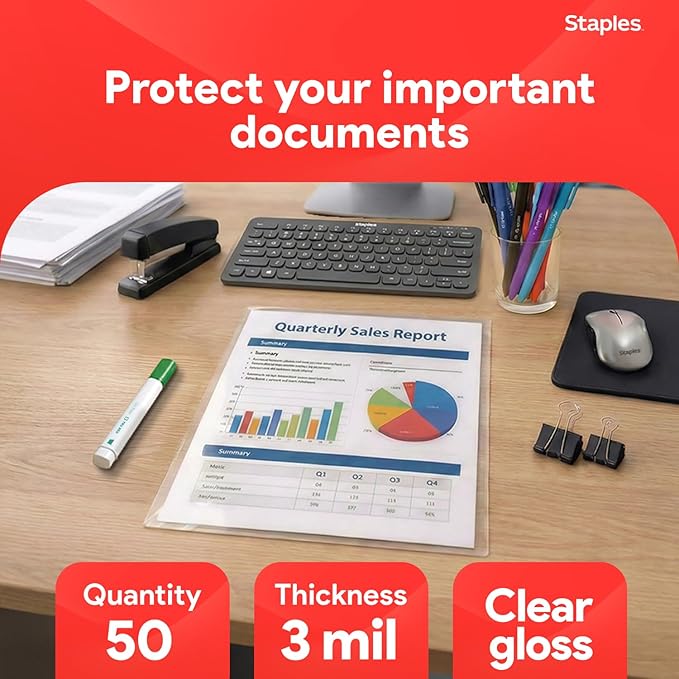 Staples Letter Size Thermal Laminating Pouches, 3 mil, 50 Pack