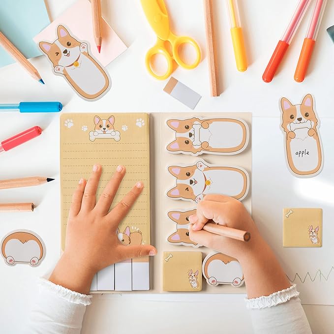 Xqumoi 2 Pack I Just Really Like Corgis Sticky Notes Set - Cute Cartoon Corgis Self-Stick Notes Pads Animal Divider Tabs Bundle Writing Memo Pads Page Marker Back to School Office Supplies Small Gift
