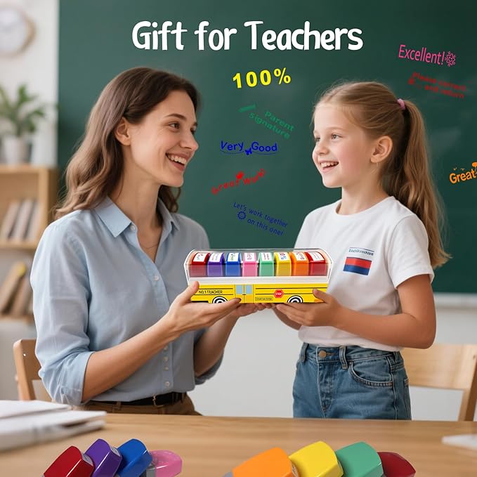 Teacher Stamps for Grading Classroom, Easter Basket Stuffers New Teacher Appreciation Gifts, Self-Inking Motivation Great Job Parent Signature Stamp for Homework Must Haves, Teacher Supplies (8 pcs)