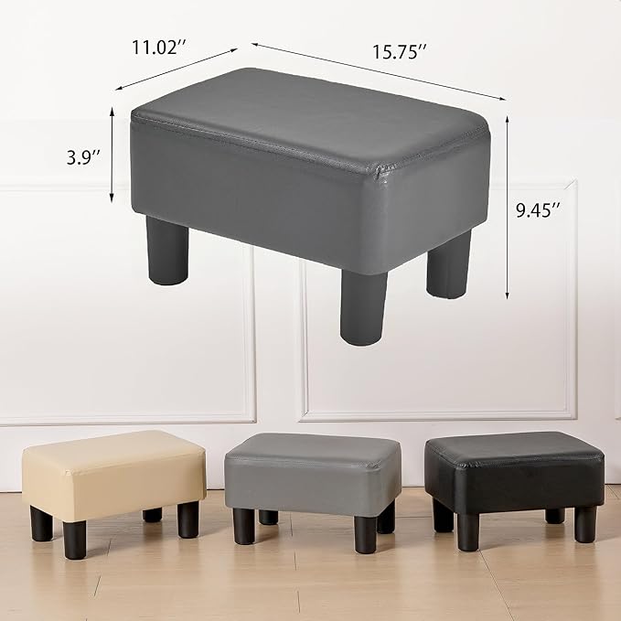 VECELO Small Foot Stool Ottoman, PU Foot Rest with Legs, Rectangle Footrest for Living Room Couch, Gray