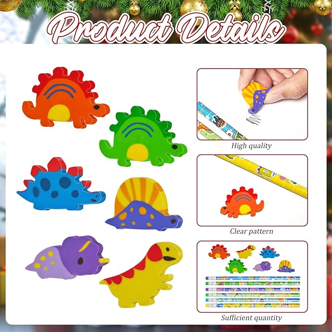 Cinrobiye 48 Pcs Christmas Dinosaur Gift Set Holiday Pencil Case Pouches Dino Pencils Erasers Xmas Party Supplies Stocking Stuffers Goody Bag Fillers Teacher Rewards Prizes Holiday Exchange Gifts