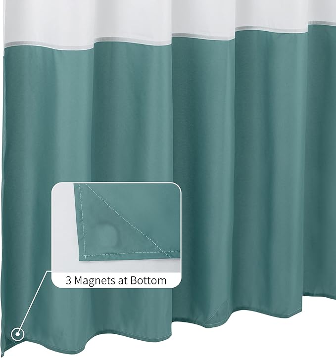 ALYVIA SPRING Waterproof Fabric Shower Curtain Liner - Soft & Light-Weight Cloth Shower Liner, 3 Bottom Magnets, Hotel Quality & Machine Washable - Standard Size 72x72, White and Teal