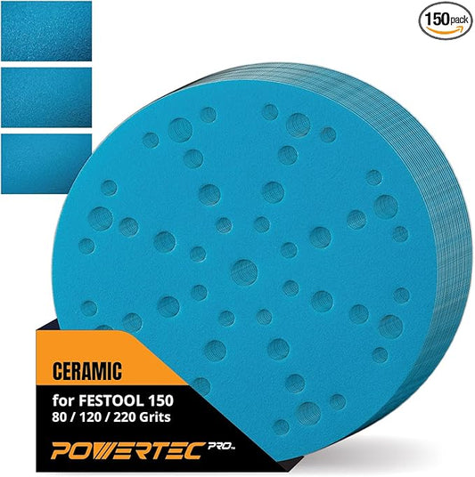 POWERTEC PRO 46100C-150 6 Inch 49 Holes Sanding Disc, 150PK, 50 Each of 80/120/220 Grit, Ceramic Hook and Loop Backing Discs for Festool Random Orbital Sanders - Automotive, Paint, Metal, Woodworking