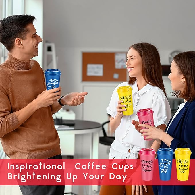 12 Pcs Inspirational Gifts for Employee Coworkers Staff Teammate, 16oz Reusable Plastic Coffee Cups with Positive Sayings, Bundle Gifts for Woman Man Coworker (Bright Color,Inspirational)