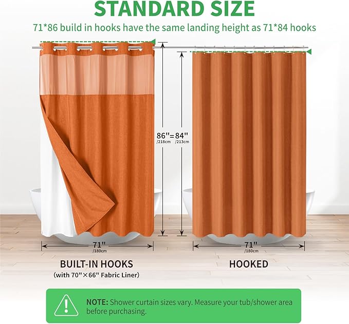 Extra Long No Hooks Needed Linen Textured Shower Curtain with Snap-in Fabric Liner Set,White Hotel Luxury Decor Shower Curtains for Bathroom,Waterproof & Washable,71Wx86H,Burnt Orange