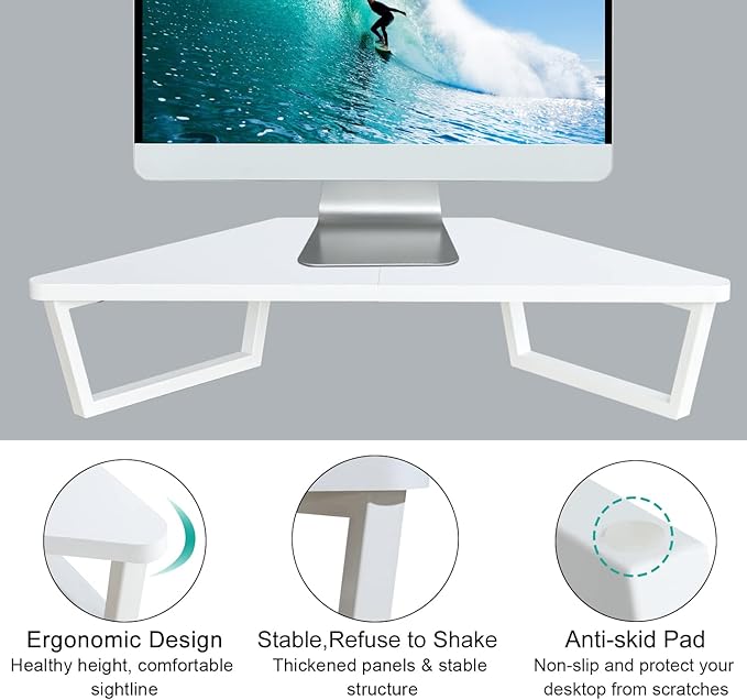 TEAMIX 26 inch White Triangle Monitor Stand Riser, Desktop Corner Shelf with Metal Leg Wood Computer Stand with Storage Laptop Riser Office Organization