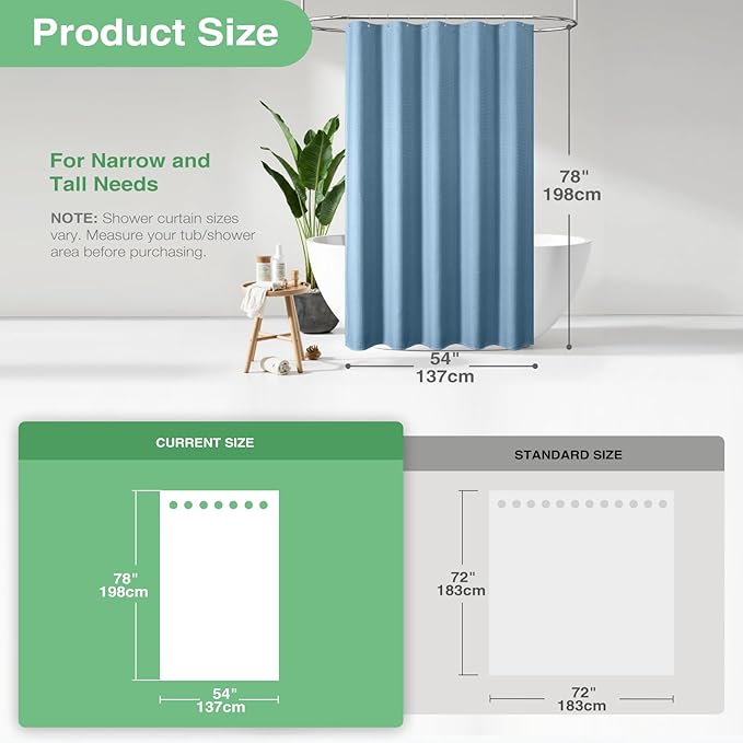 Dynamene Stall Fabric Shower Curtain - 54x78 inch Long Waffle Weave Weighted Thick Cloth Shower Curtains for Bathroom,Heavy Duty Hotel Spa Luxury Bath Curtain Set with 10 Plastic Hook, Moonlight Blue