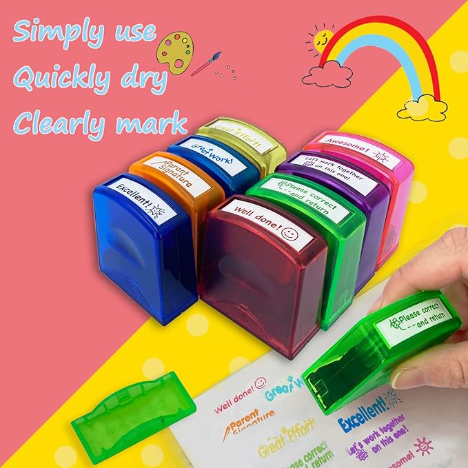 Teacher Stamps for Grading Classroom,Parent Signature Self-Inking Teacher Stamp Set School Supplies Stamps for Homework Reward with 8 pcs Classroom Supplies for School Elementary(Rainbow)