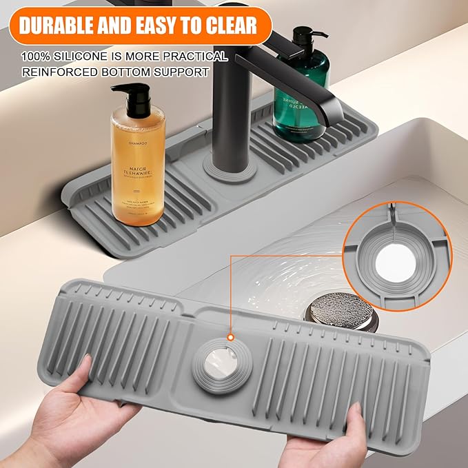 17.7" Dark-Gray Silicone Faucet Mat with Button Style Design – Longer Drip Catcher Tray & Sink Splash Guard, 6° Slope Behind Faucet Mat | Easy Kitchen & Bathroom Sink Protector