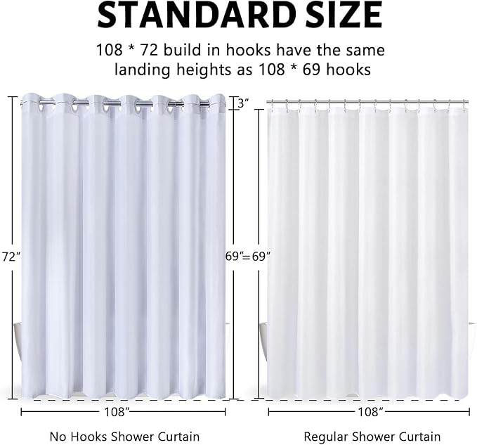 Furlinic Extra Wide No Hook White Shower Curtain 108x72 Inch,Polyester Fabric Waterproof Shower Curtain Liner with 14 Plastic Split Grommets,Washable Shower Curtains for Bathroom Hotel Spa Luxury