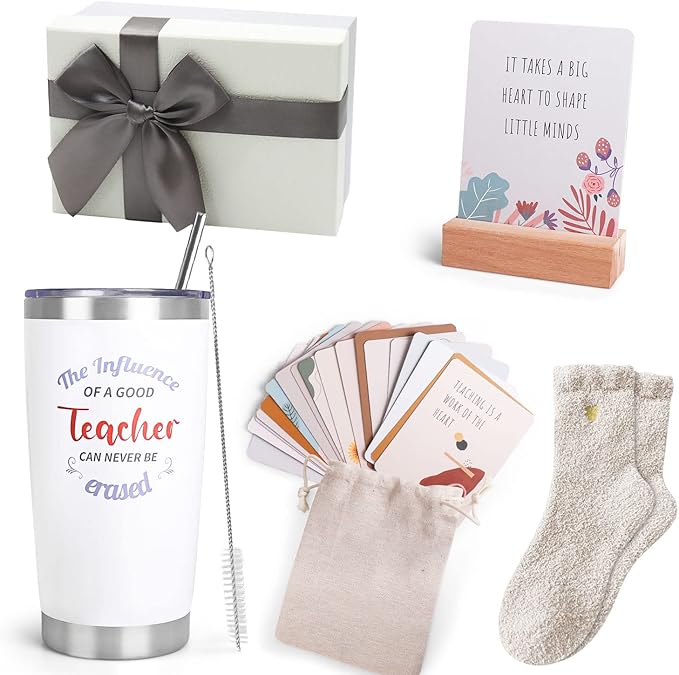 Teacher Gifts, Teacher Appreciation Gifts with 20 OZ Insulated Tumbler, Affirmation Cards Unique Gift Ideas for Women, Cozy Socks Thank You Basket Box for New Teachers, Teachers Christmas Gift