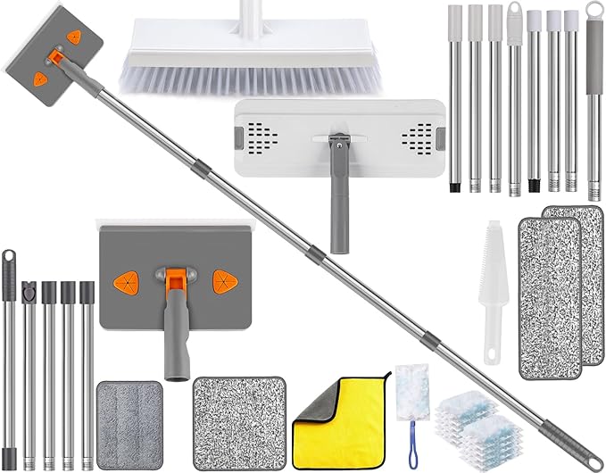 Mops for Floor Cleaning with 57" Long Handle, Scrub Brush, Baseboard Cleaner Tool with 84" Handle, 2 Reusable Pads, Wet and Dust Mopping for Hardwood, Laminate, Tile Floor, Skirting Board, 19Pcs Gray