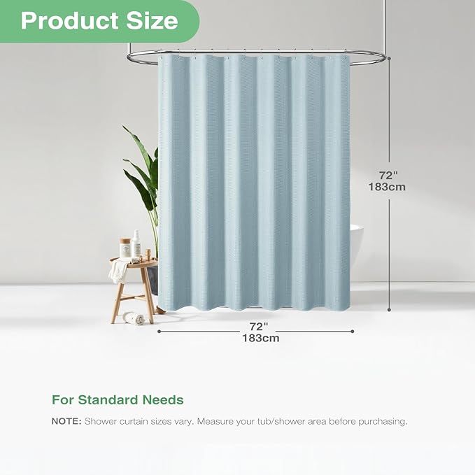 Dynamene Fog Blue Fabric Shower Curtain for Bathroom- Waffle Weave Textured Heavy Duty Cloth , 256GSM Hotel Luxury Weighted Bath Curtain Set with 12 Plastic Hooks,72x72, Fog Blue