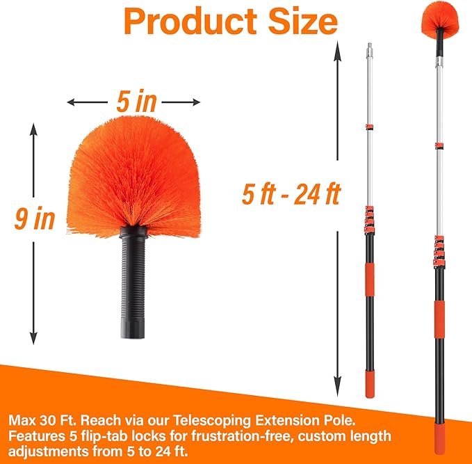 30FT Cobweb Duster with Extension Pole - High Reach Duster for High Ceilings & Outdoor Use - Telescoping Pole 5-24 Ft, Soft Bristles Cobweb Cleaner - 3/4" Acme Universal Thread