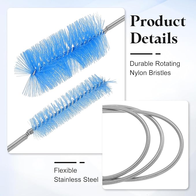 HARFINGTON 3pcs Flexible Long Drain Brush Straw Cleaner Set 35.43" Stainless Steel Double Ended Hose Brush with 8" Nylon Long Tube Pipe Cleaning for Fish Tank Sink Pipe, Blue