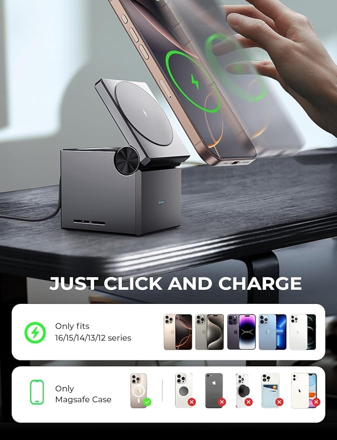LISEN Qi2 Magsafe Charger Stand 3 in 1 Charging Station for Apple iPhone and Watch Charging Station for 15W Magsafe Charger Stand Cube, Foldable for iPhone 17 16 and Google Pixle 10, 10 Pro, 10 Pro XL