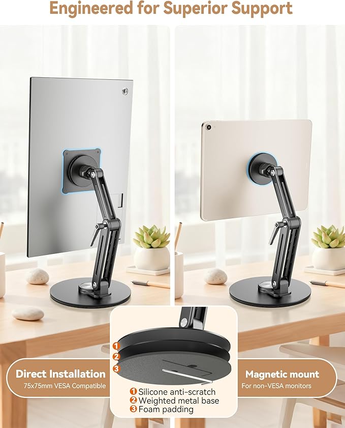 Jakeko Magnetic Portable Monitor Stand 15.6" - up to 16" 18.5" 22 inch Tablet Holder for iPad VESA Mount 75mm for Desk Adjustable Foldable 360° Swivel
