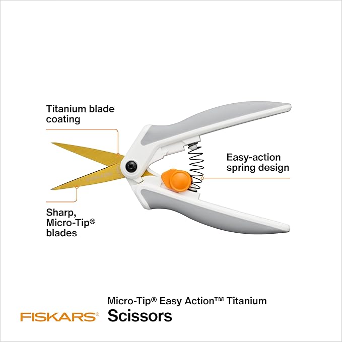 Fiskars Easy Action Micro-Tip Titanium Scissors, Sharp Blades for Cutting Precision and Angles with Easy Action Spring Design, Crafting Supplies, SoftGrip Assisted Handle