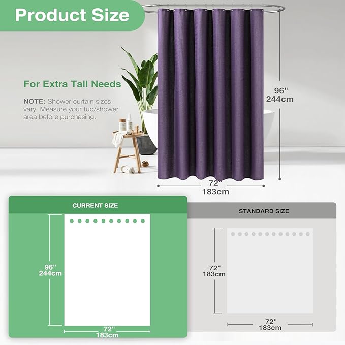 Dynamene Extra Long Shower Curtain,96 Inch Long Waffle Weave Heavy Duty Thick Fabric Bathroom Shower Curtain, Neutral Weighted Hotel Bath Curtain Set with 12 Plastic Hooks,72x96,Purple