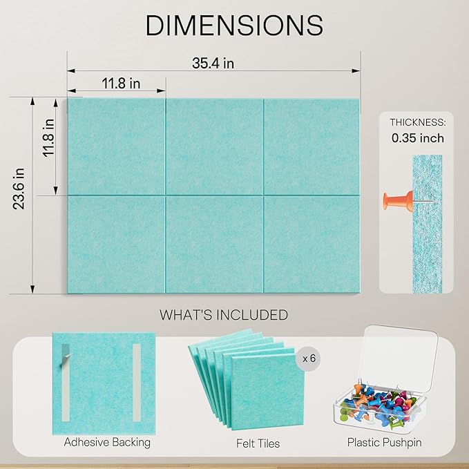 MaxGear Large Cork Board for Wall 36" x 24", Aqua Blue Bulletin Board, 6 Pack Felt Wall Tiles with Pushpins, Cork Boards for Office Push Pin Board Tack Board Felt Board