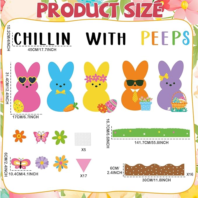 Easter Bulletin Board Decoration Set Easter Bunny Classroom Decoration Colorful Eggs Bunny Flower Paper Cutouts for Spring Party Supplies School Classroom Home Office Nursery Chalkboard Wall Decor