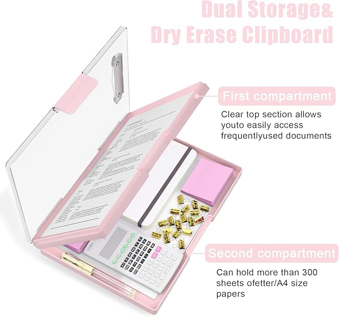 Hongri Clipboard with Storage, Pink 8.5 x 11 Folder Nursing Side Opening, Heavy Duty with Dual Compartment, Smooth Writing for Teachers, Classroom, Size 13.3 x 9.4 x 1.5 in, Office & School Supplies
