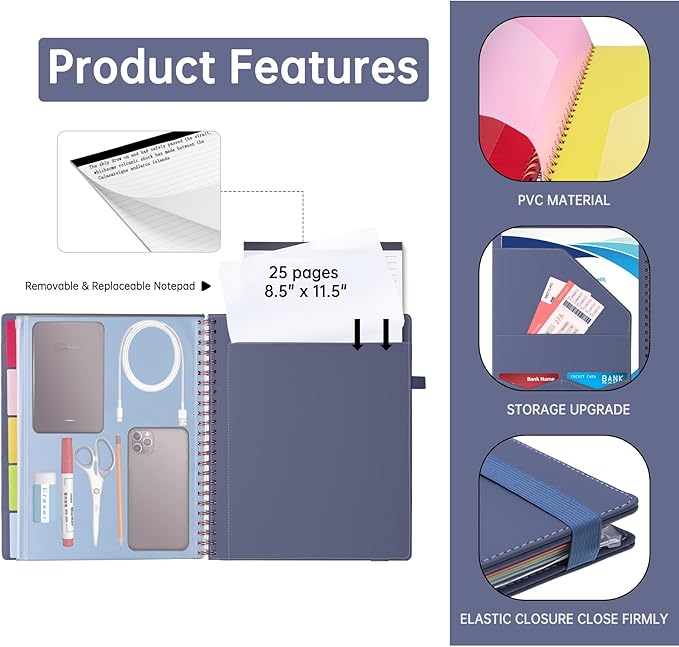 HAUTOCO Spiral Leather Clipboard Folio with Notepad (8.5 x 11''), 5 Folders with 10 Pockets, Storage Zipper Pouch, Pen Loop, 39 Stickers, Padfolio Organizer for Work School, Purple Gray