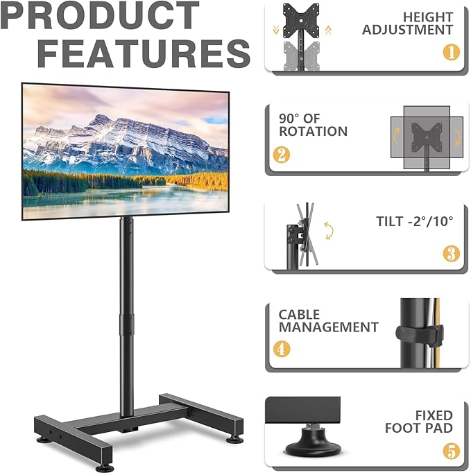 TVON TV Floor Stand for 13-50 inch LCD LED Flat/Curved Panel Screen TVs up to 44 lbs, Height Adjustable TV Stand Mount with VESA 200x200, Portable TV Stand for Bedroom, Dorm Room, Office