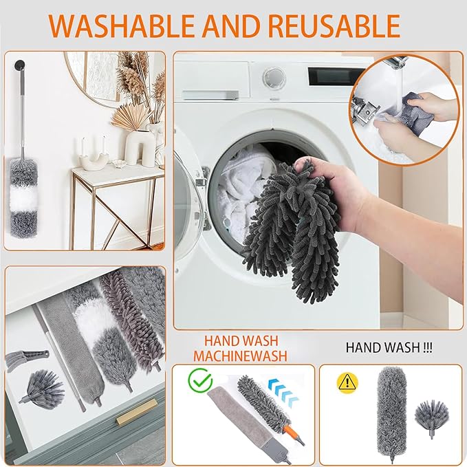 Microfiber Feather Duster Kit, 9PCS Dusters for Cleaning with 100-inch Extendable Pole, Bendable Reusable Washable Cobweb Duster for High Ceilings and Fans, Blinds, Cars and Furniture