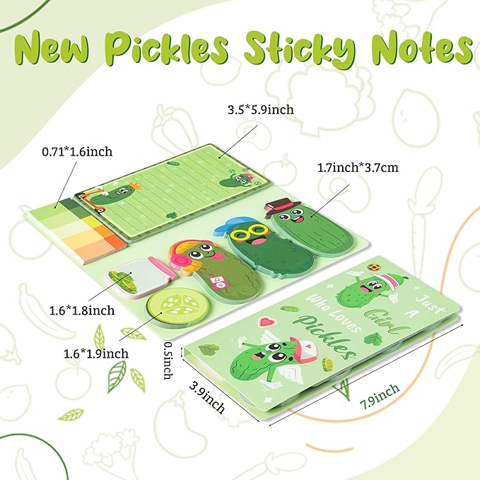 B1ykin Cute Sticky Notes Set - Just A Girl Who Loves Pickles Self-Stick Notes Pad, 550 Sheets Writing Memo Pages Sticky Notepad for Teacher Appreciation Gifts, School Office Supplies (New Pickles)