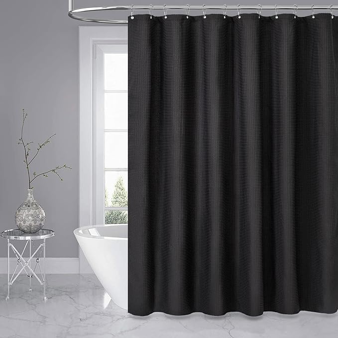 Dynamene Long Black Fabric Shower Curtain - Waffle Textured Tall Heavy Duty Cloth Shower Curtains for Bathroom, 256GSM Large Hotel Spa Luxury Bath Curtain Set with 12 Plastic Hooks(72Wx78H, Black)