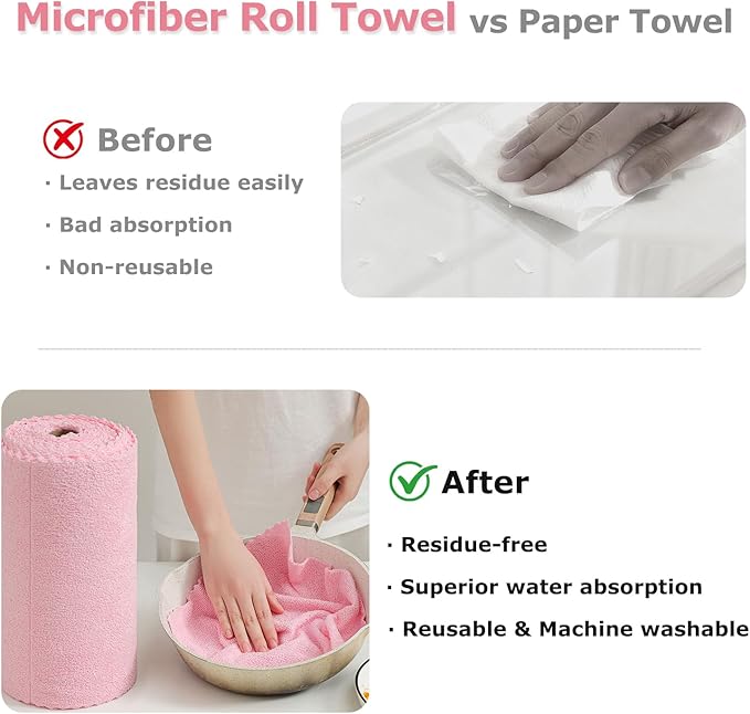 Jessy Home 80 Pack Microfiber Cleaning Cloth Roll Pink Reusable Paper Towels 12"x12" Tear Away Cloth,Microfiber Towels for Cars,Wash Cloths,Lint Free Rags for House,Kitchen,Window,Cleaning Supplies