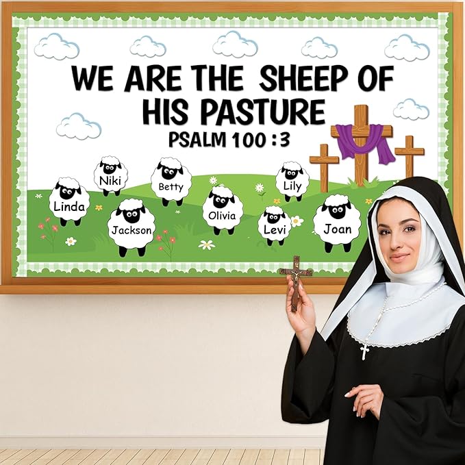 Easter Christian Bulletin Board Set VBS 2026 Religious Jesus Classroom Decoration Sheep Paper Cutouts We are The Sheep of His Pasture Bulletin Board for Sunday School Church Chalkboard Door Wall Decor